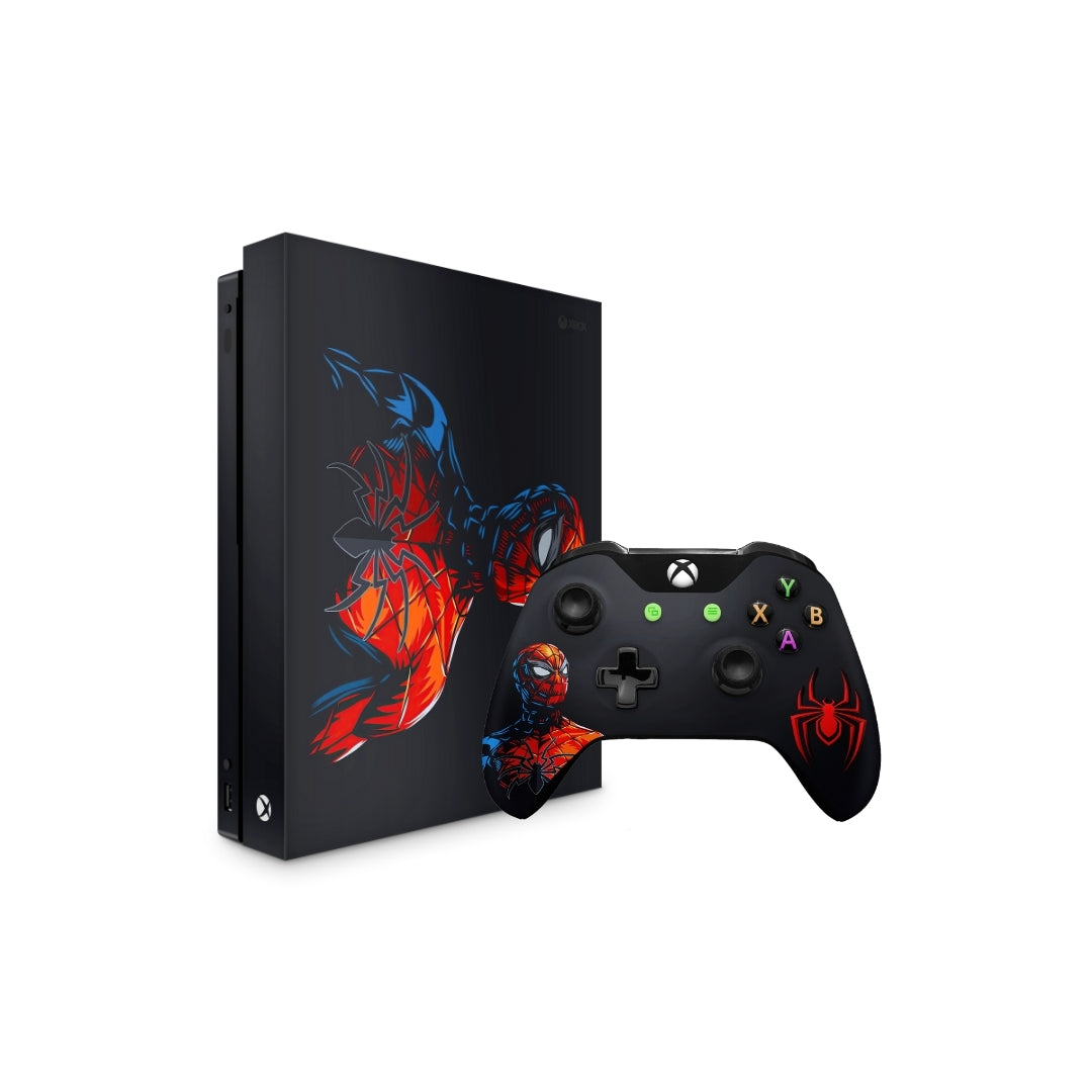 xbox one skins with marvel spiderman design on console and controller