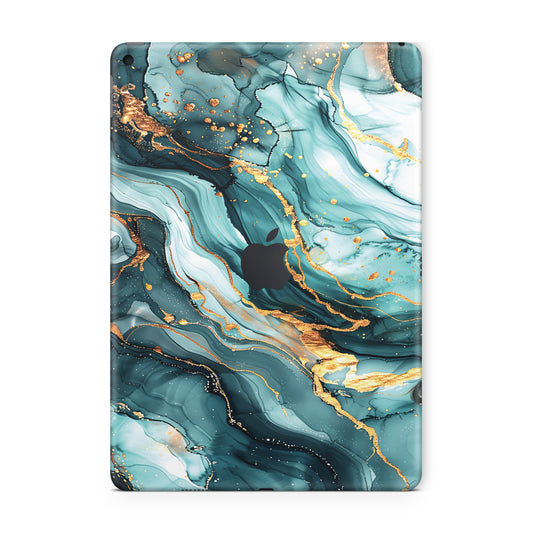 Ipad skin - ocean aqua marble texture skin with luxury golden swirls