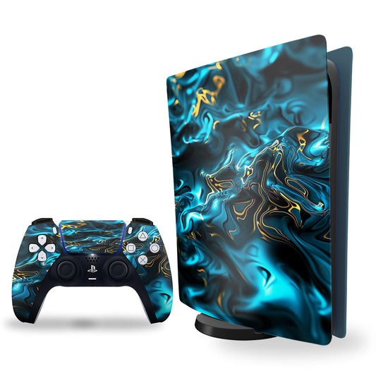 ps5 skin with blue glowy marble texture design