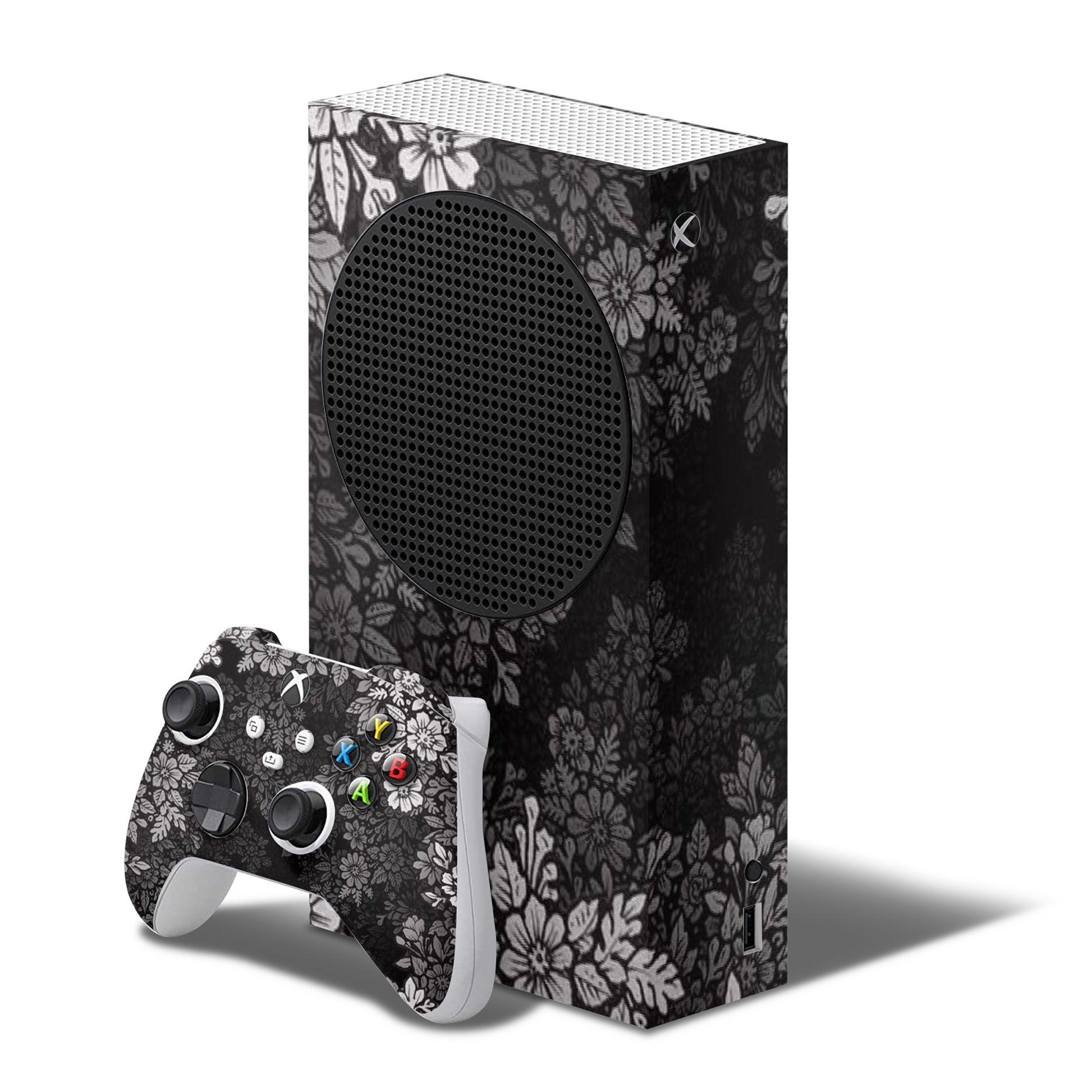 xbox series s skin aesthetic black flowers design
