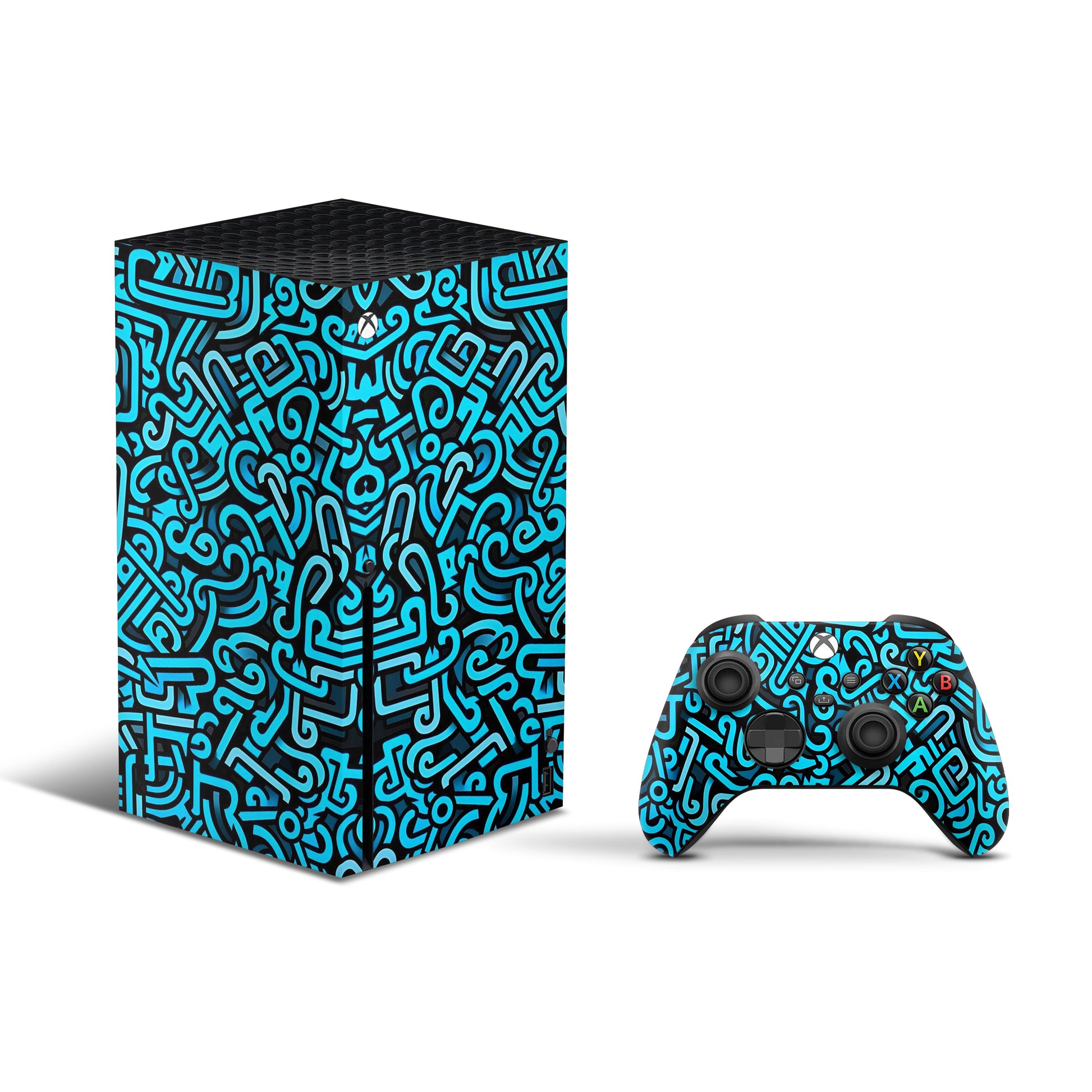 xbox series x skin with blue doodle design 