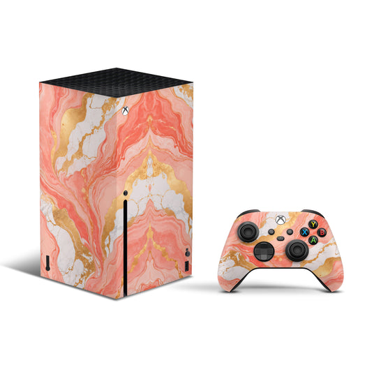 Xbox Series X Skin - Pink and Golden marble texture design on a white background