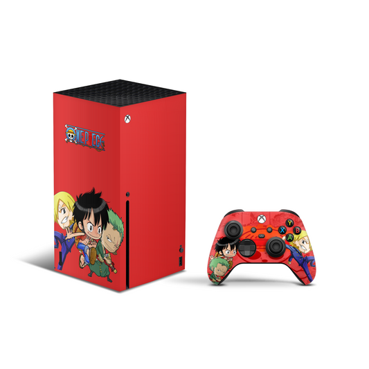 Xbox Series X Skin - One piece Chibi Luffy zoro with a red background 