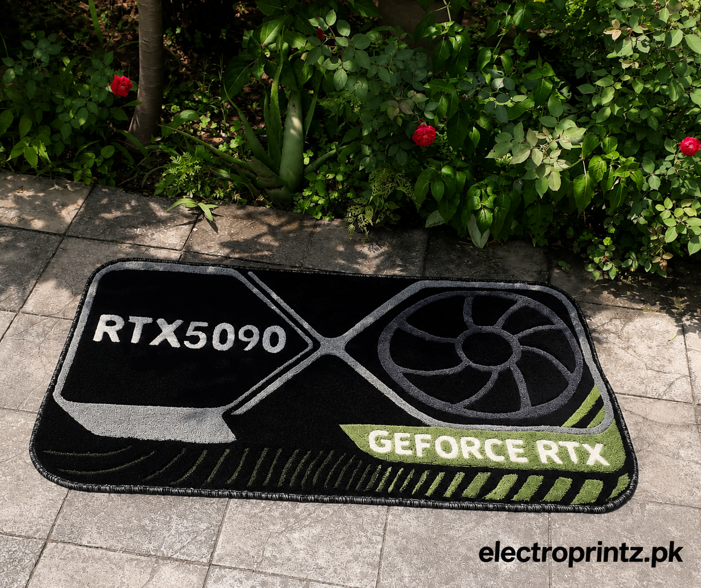 Doormat with RTX5090 and GeForce RTX design on a patio with plants in the background