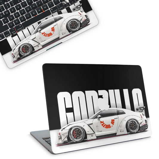 Godzilla Car MacBook Skin for MacBook Pro and Air, premium vinyl wrap with scratch-resistant protection in matte or glitter.