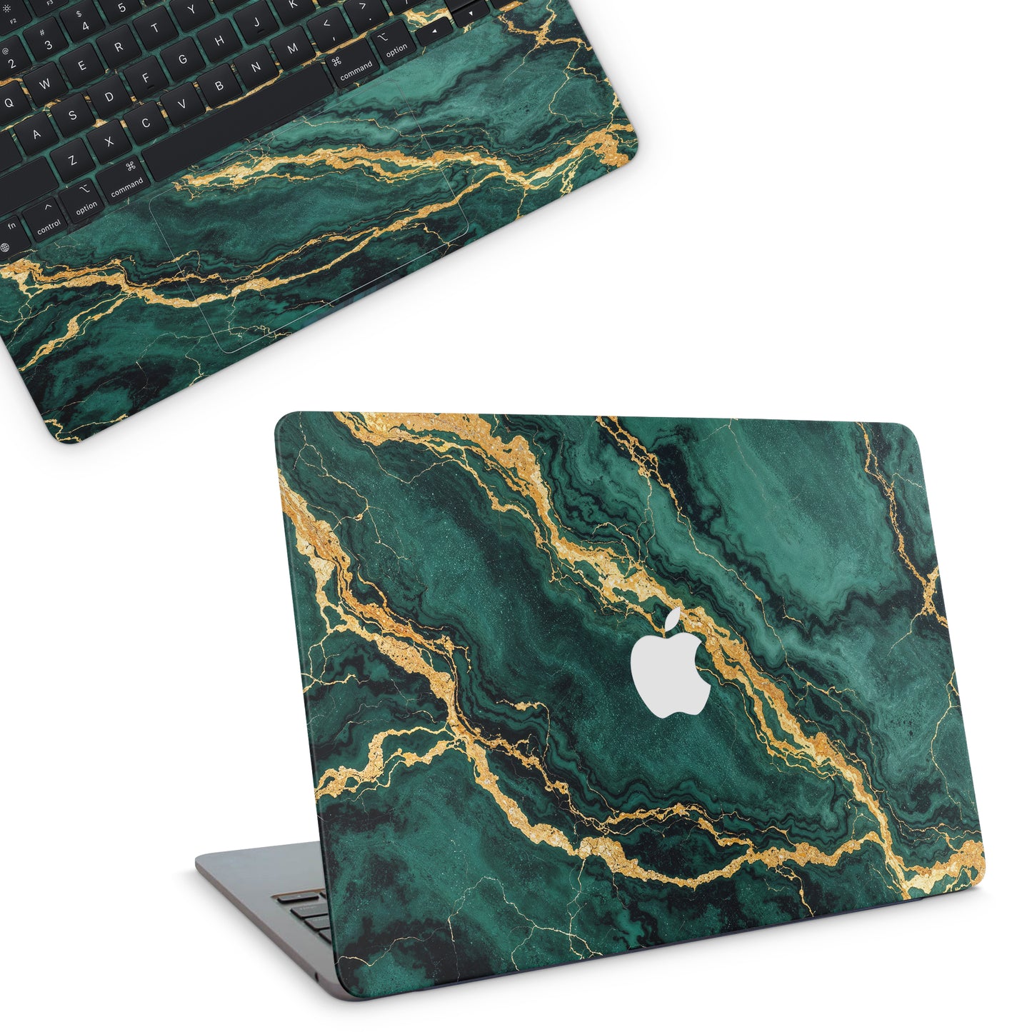 macbook skin with green golden marble texture