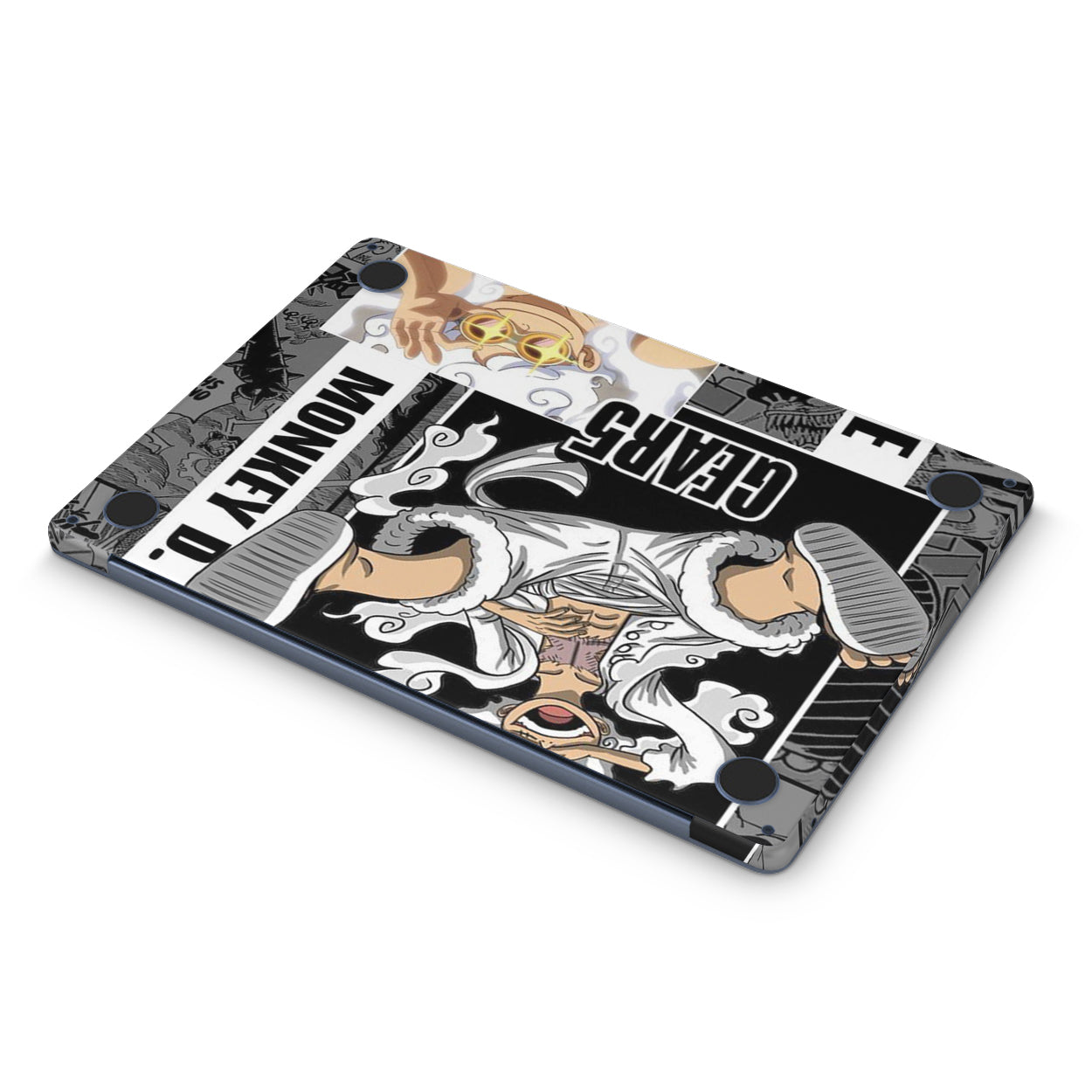 macbook skin with one piece luffy gear 5 design on bottom