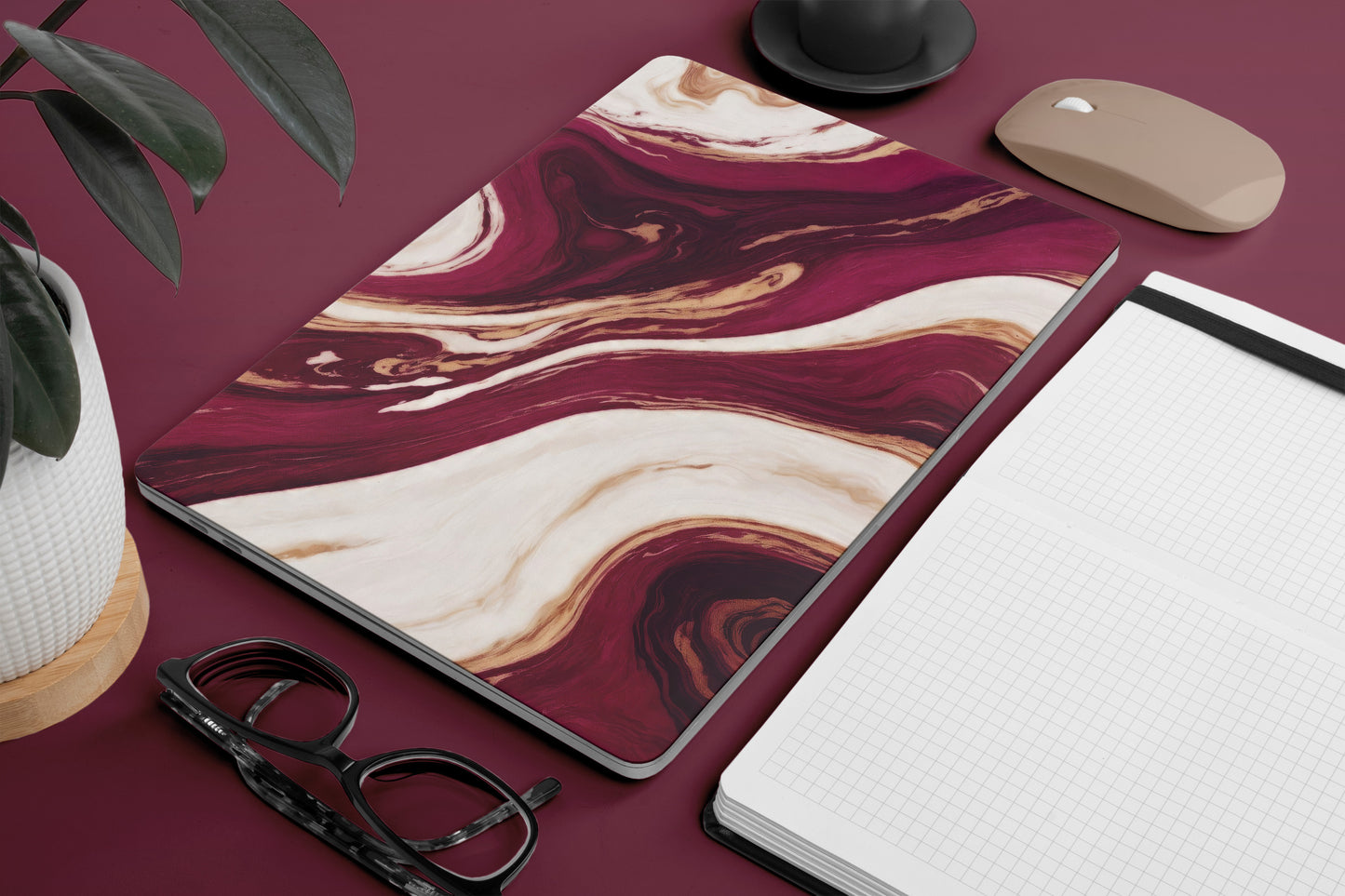 macbook skin with burgundy marble texture design