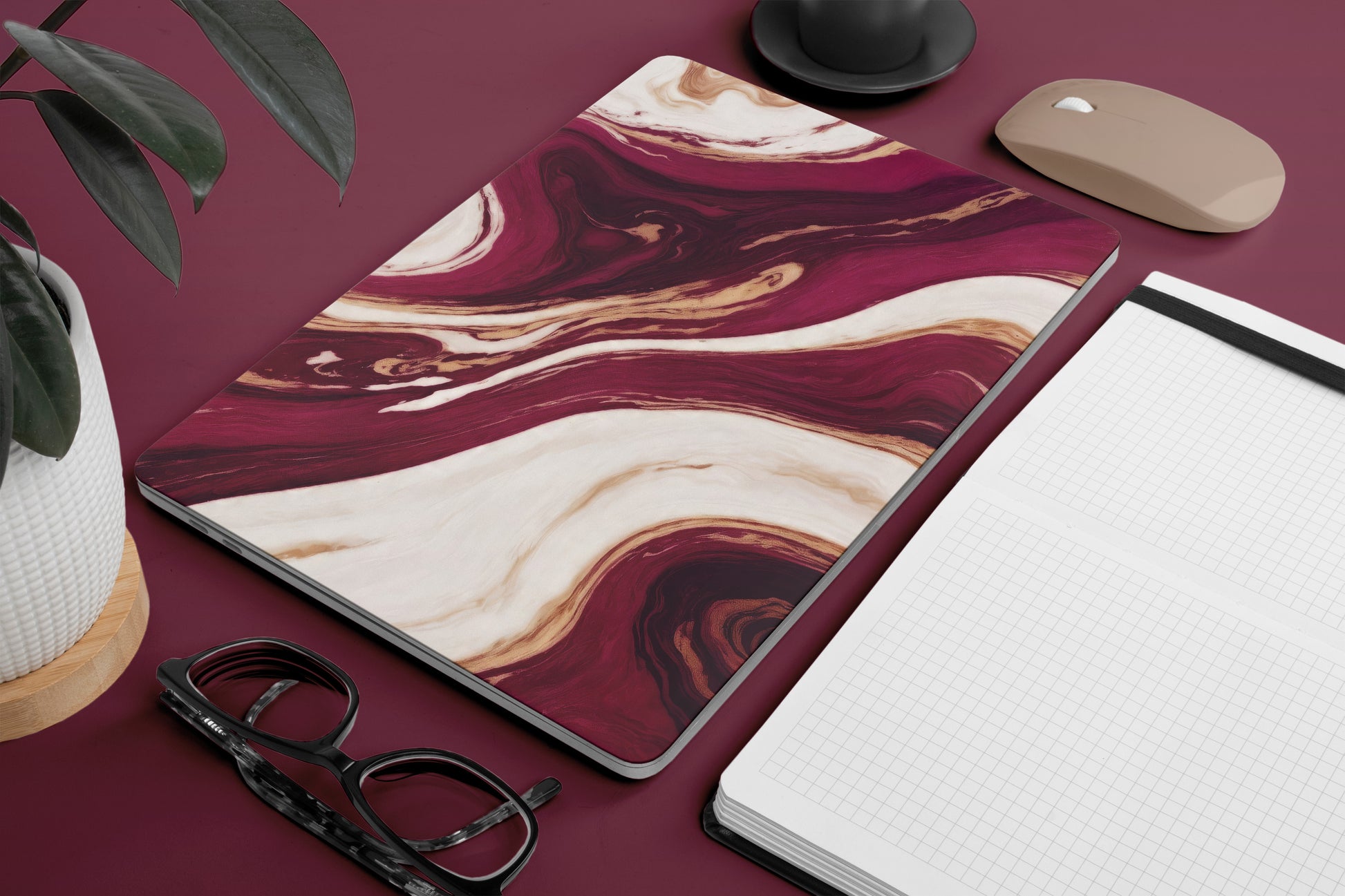 macbook skin with burgundy marble texture design