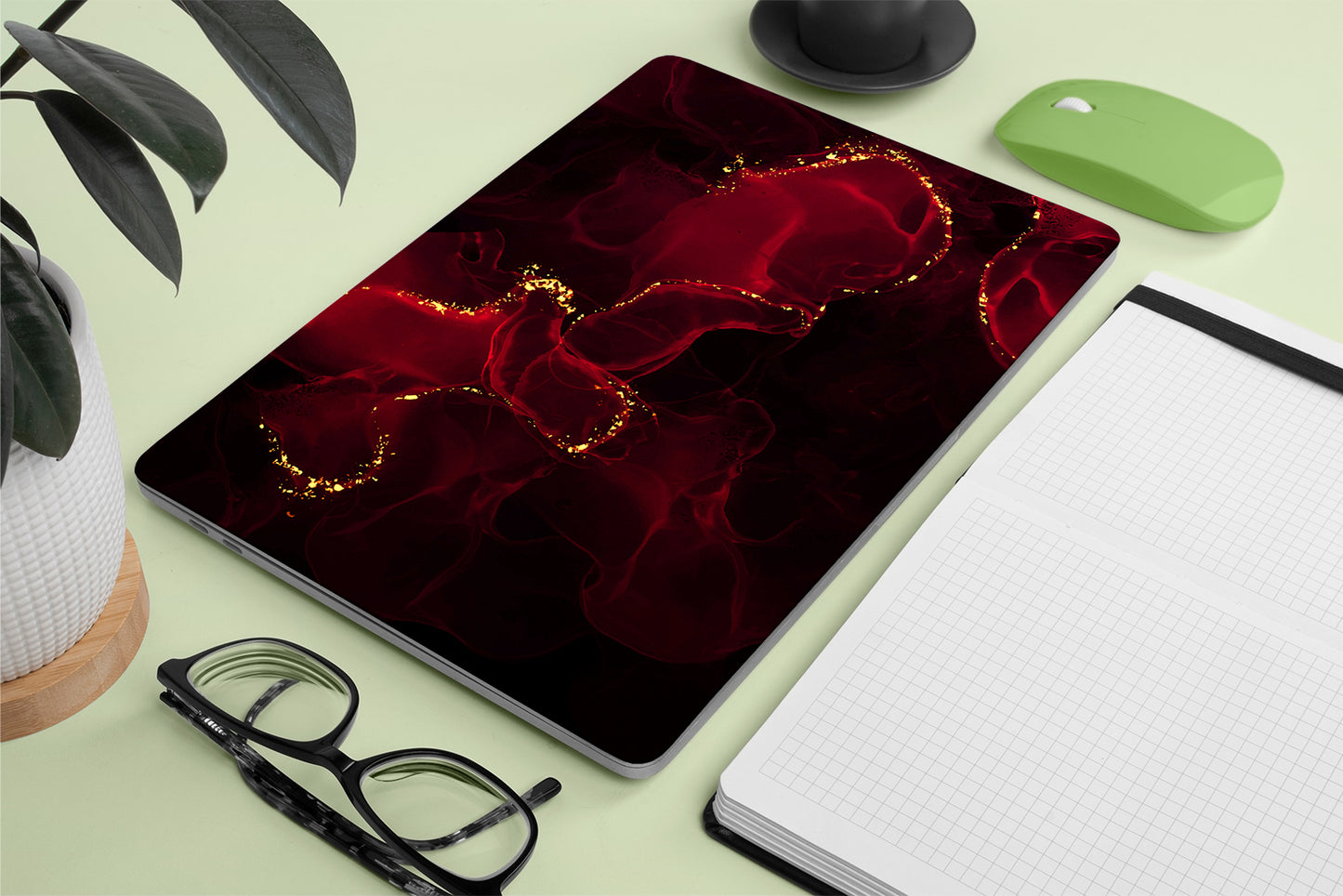 Laptop skins - a red and black abstract design with golden lines