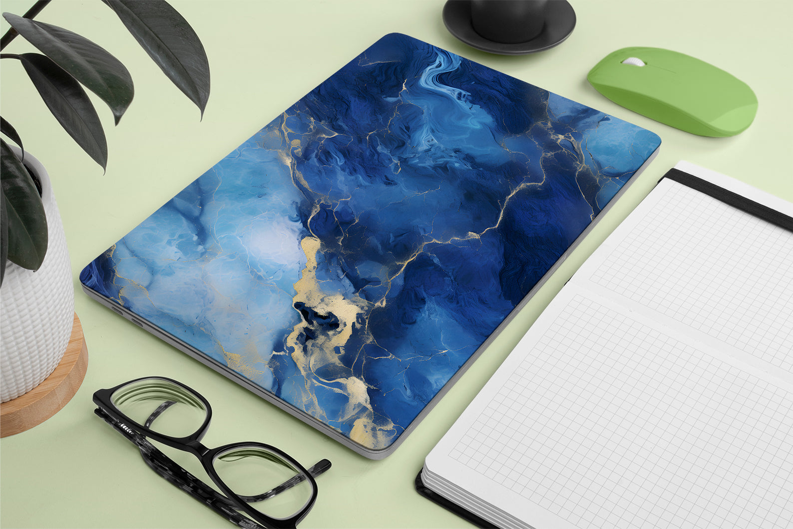 laptop skin - Blue marble textured skin with gold accents 