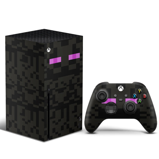Xbox Series X/S console wrapped in Minecraft Enderman-themed skin – sleek black design with glowing purple eyes.