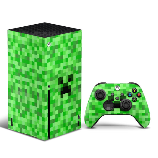 Xbox Series X/S console with green Minecraft Creeper skin wrap – premium vinyl cover with pixelated design.