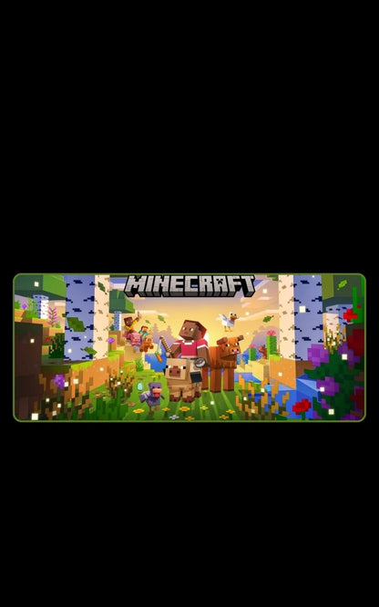 Minecraft-themed mousepad with characters and animals on a grassy background