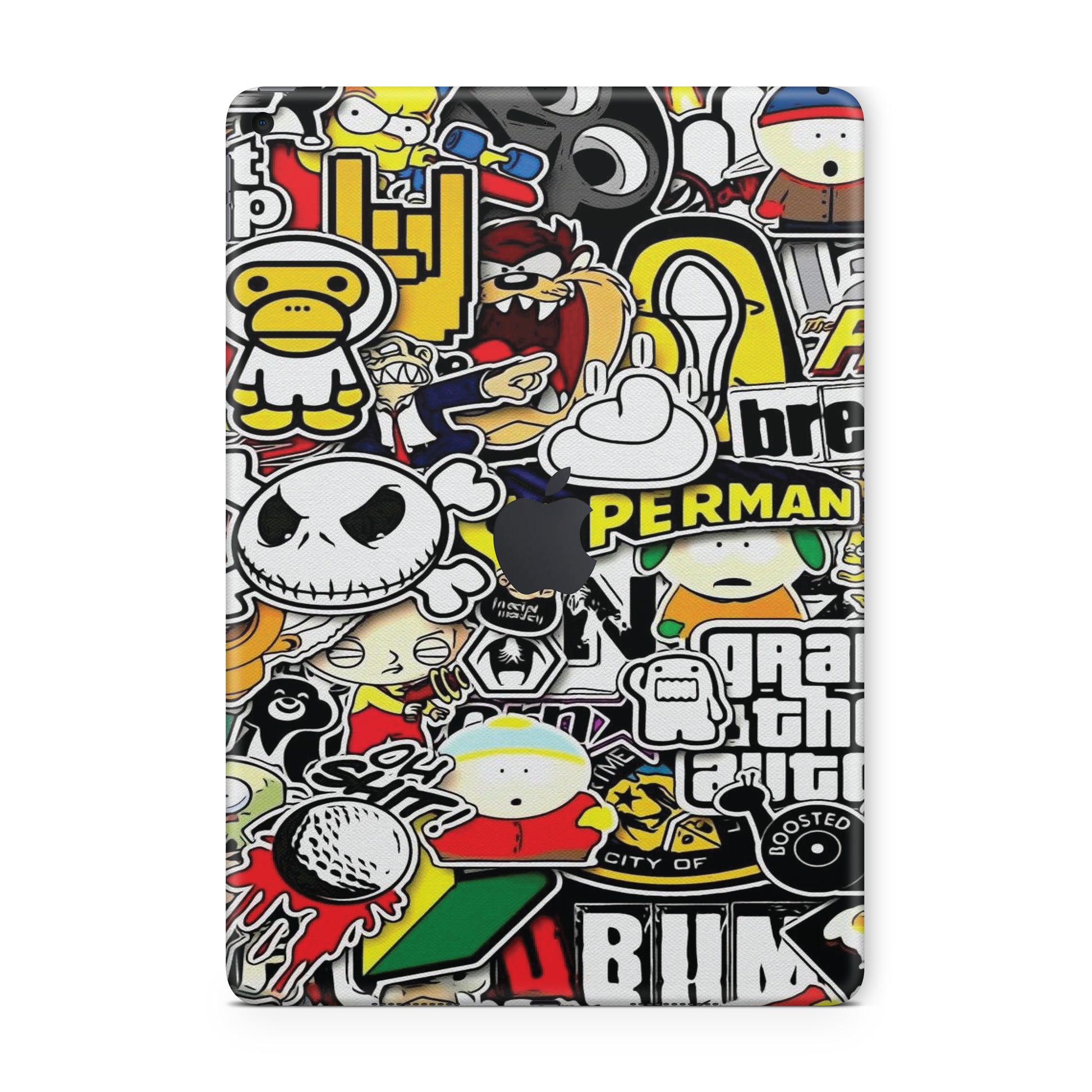 ipad case with various stickers featuring cartoon characters and brand logos 