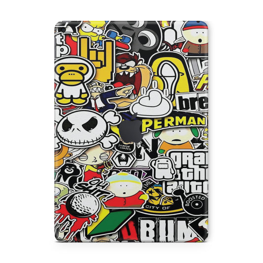 ipad case with various stickers featuring cartoon characters and brand logos 
