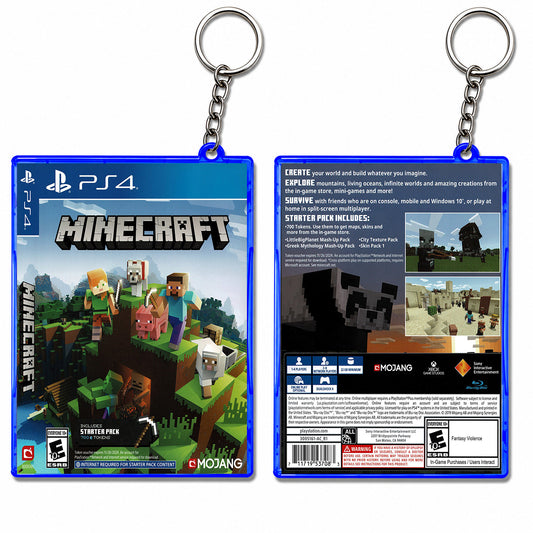 Minecraft PS4 Starter Pack keychain shown from the front and back, featuring a blue plastic case with PS4 branding and Minecraft artwork, attached to a silver split keyring.