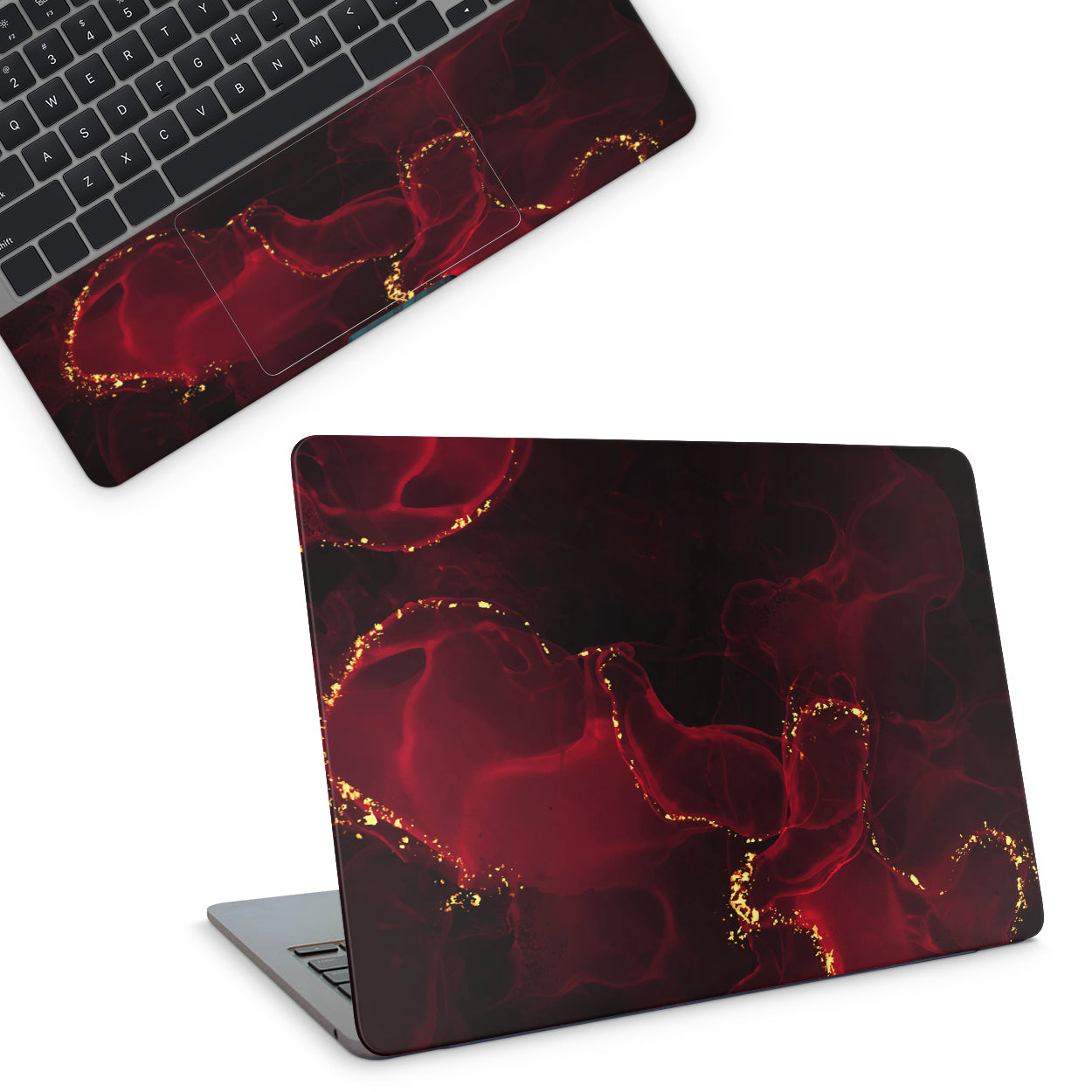 Laptop skins - a red and black abstract design with golden lines (top)