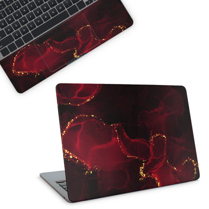 Laptop skins - a red and black abstract design with golden lines (top)