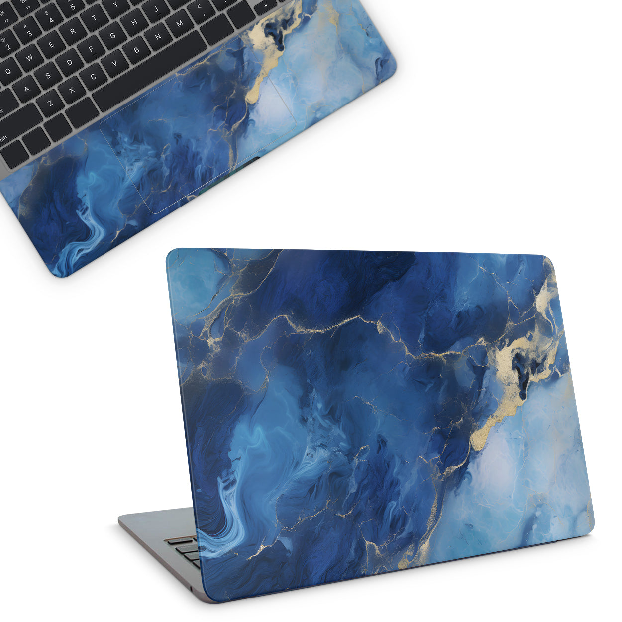 laptop skin - Blue marble textured skin with gold accents (top)