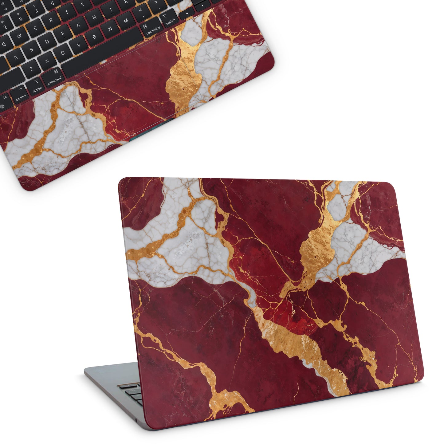 Laptop Skin - Red Marble Textured Skin with golden swirls (top)
