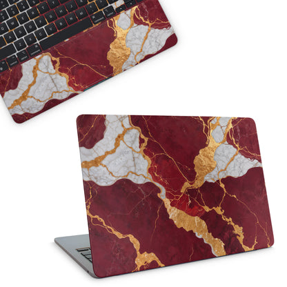 Laptop Skin - Red Marble Textured Skin with golden swirls (top)