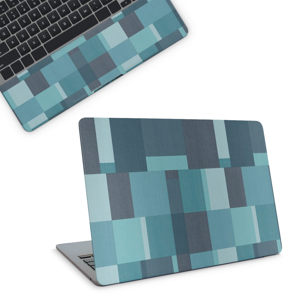 Laptop with a geometric blue and gray pattern on a white background