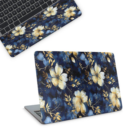 Floral laptop skin with blue and yellow flowers on a white background