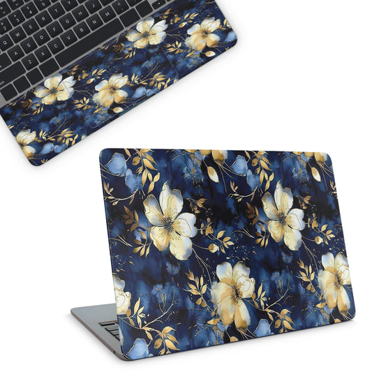 Floral laptop skin with blue and yellow flowers on a white background