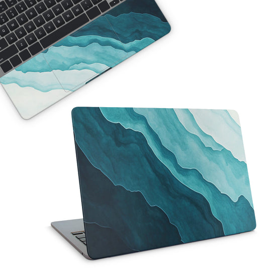 Laptop with a blue and green abstract design on a white background