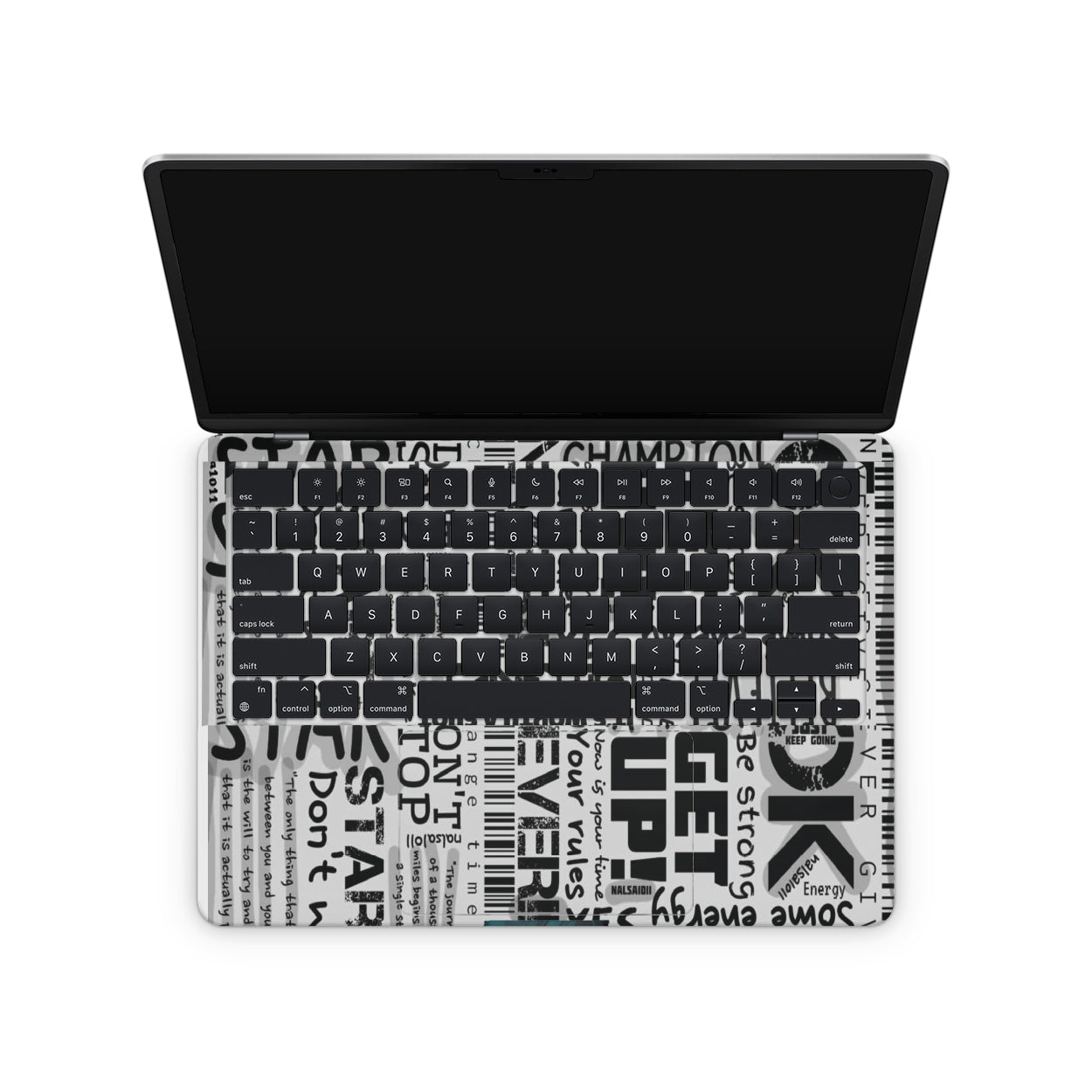 macbook skin with motivational text on keyboard area