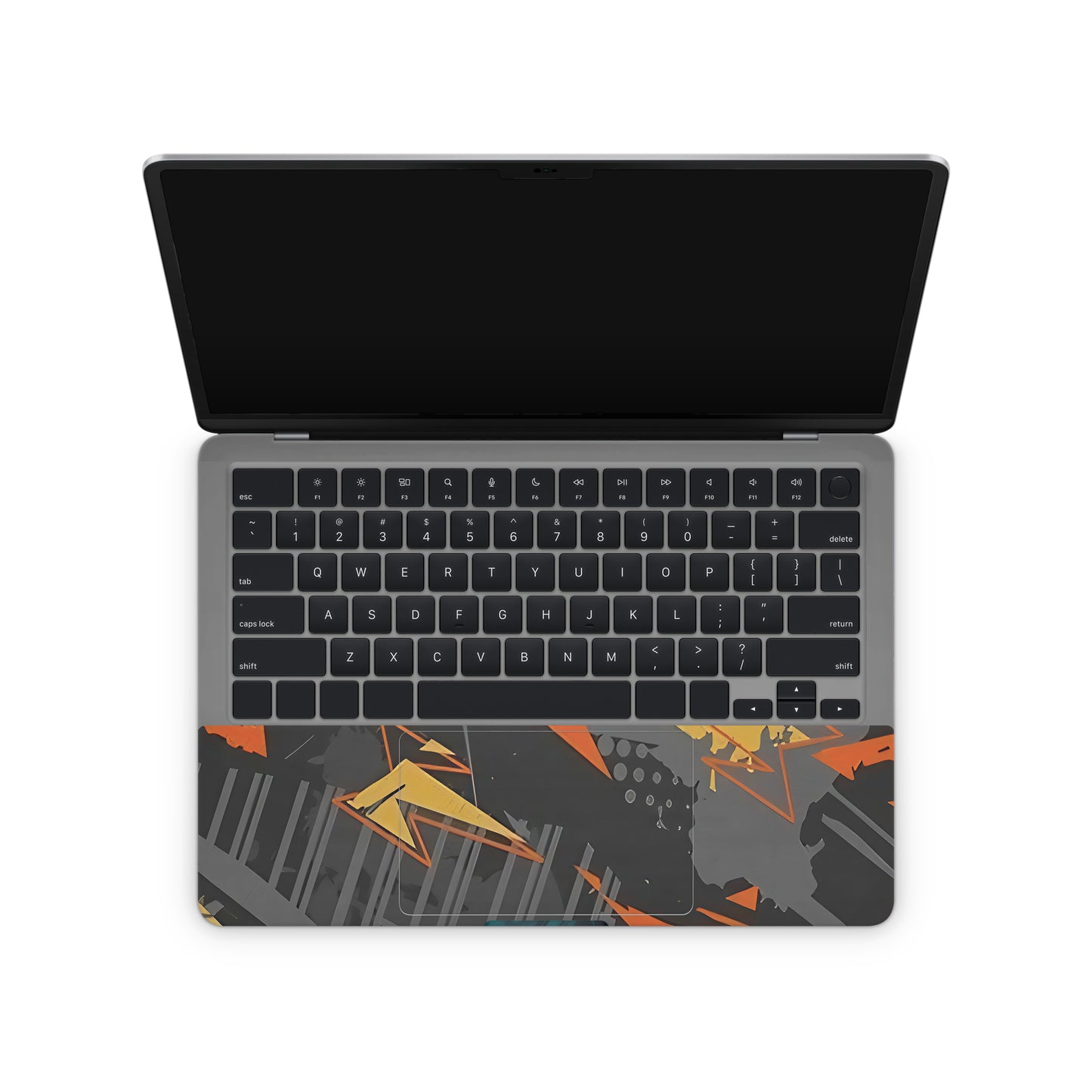 laptop skin with orange and black abstract pattern on touchpad area