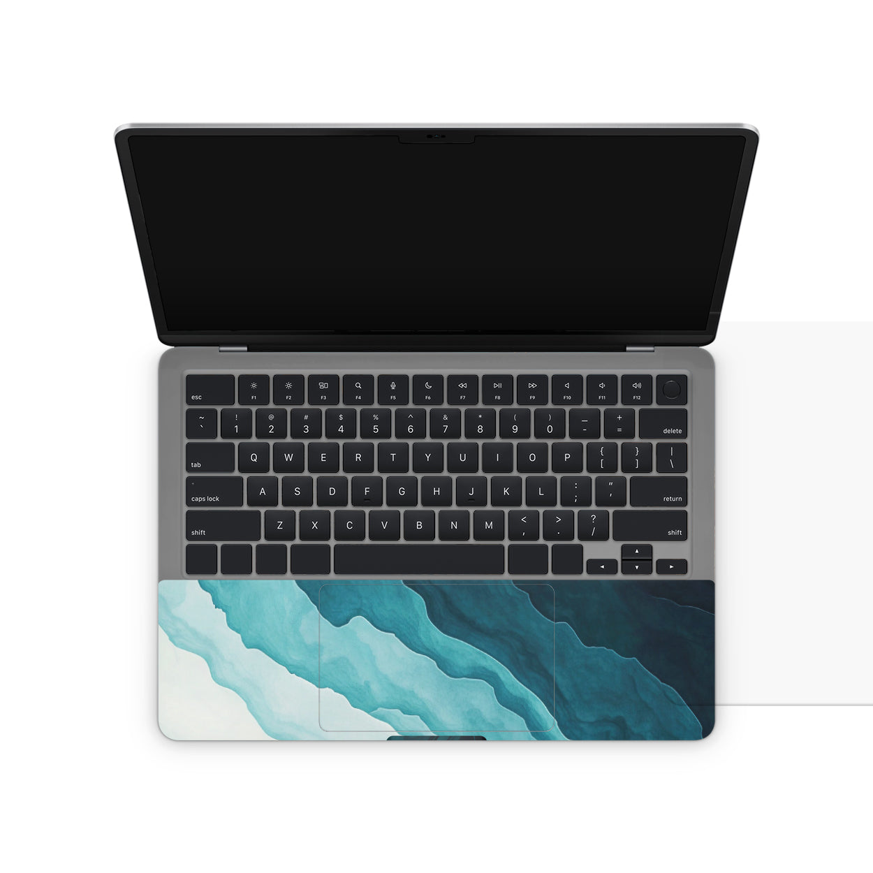 Laptop with a blue and green abstract design on the bottom half of the screen
