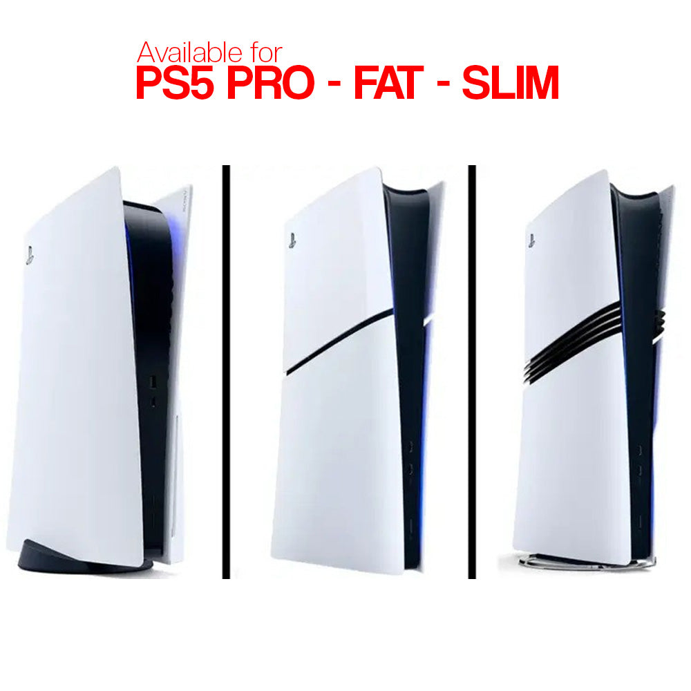 Three gaming consoles labeled 'PS5 Pro', 'FAT', and 'SLIM' on a white background.