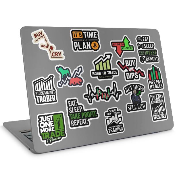 Gray laptop covered with various colorful stock trading stickers on a white background